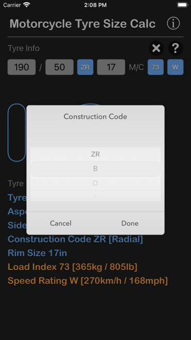 Motorcycle Tyre Size Calc screenshot 2