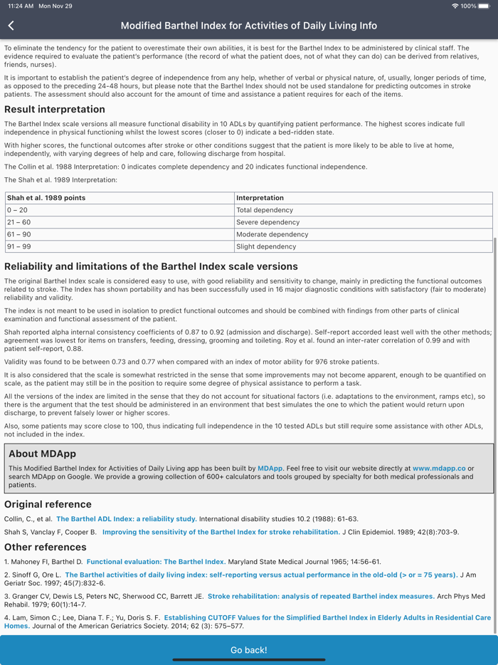 Modified Barthel Index for ADL