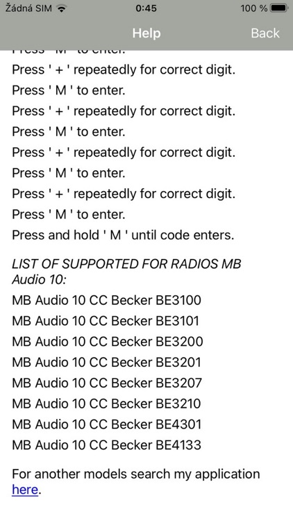 RADIO CODE for MB AUDIO 10 CC