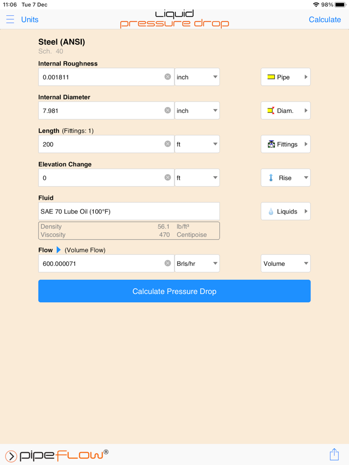 Pipe Flow Liquid Pressure Drop